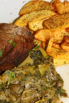 Meat with potatoes close up traditional greek food porn modern high quality print