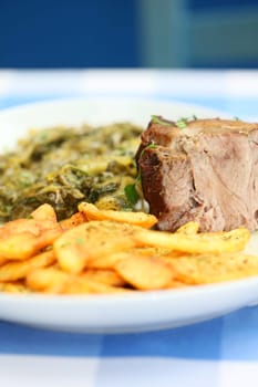 Meat with potatoes close up traditional greek food porn modern high quality print