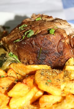 Meat with potatoes close up traditional greek food porn modern high quality print