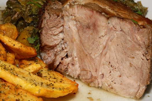 Meat with potatoes close up traditional greek food porn modern high quality print