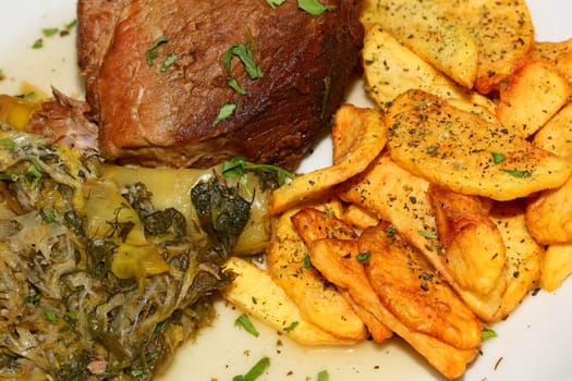 Meat with potatoes close up traditional greek food porn modern high quality print