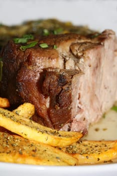 Meat with potatoes close up traditional greek food porn modern high quality print