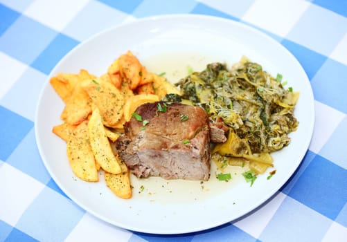 Meat with potatoes close up traditional greek food porn modern high quality print