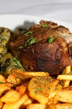 Meat with potatoes close up traditional greek food porn modern high quality print