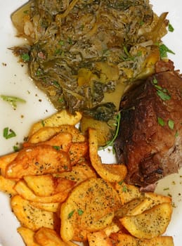 Meat with potatoes close up traditional greek food porn modern high quality print