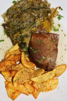 Meat with potatoes close up traditional greek food porn modern high quality print