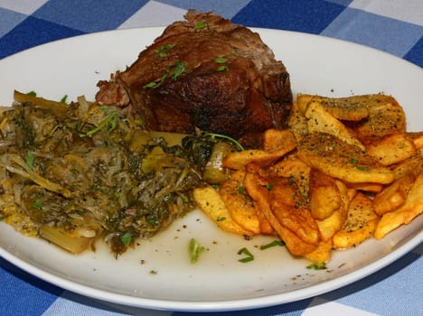 Meat with potatoes close up traditional greek food porn modern high quality print