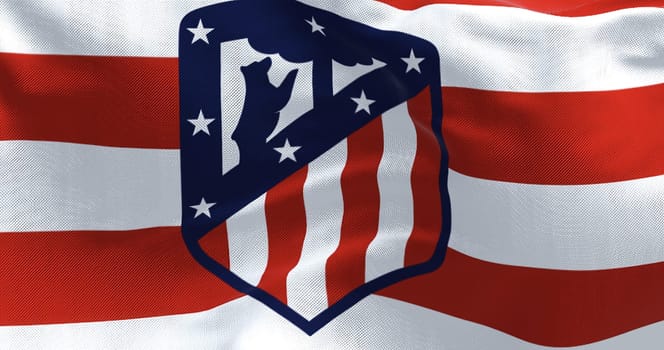 Madrid, Spain, May 2022: The flag of Atletico Madrid waving in the wind. Atletico Madrid is a Spanish professional football club based in Madrid