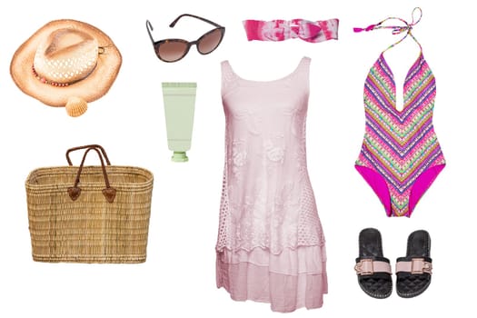 Collage set of women's swimwear and beach accessories include swimming costume, dress, sandals, a bag, straw hat sunglasses and cream isolated on a white background.