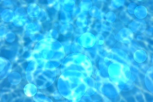 Abstract underwater illustration. Nice abstract gradient blue turquoise lightening bokeh background with sunshine and rays and with circles from unterwater bubbles. Beautiful blue texture with space.