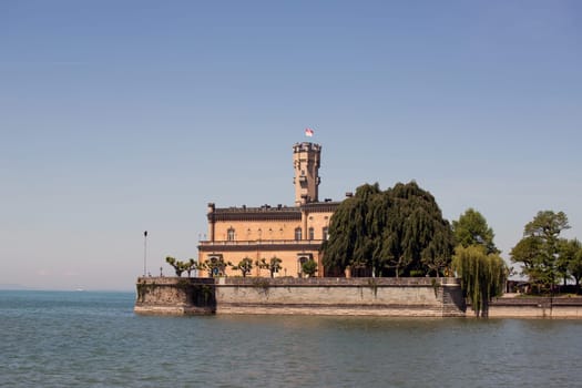 Lakeside view of Montfort Castle in Langenargen at Lake Constance, Baden-Wurttemberg, Germany.