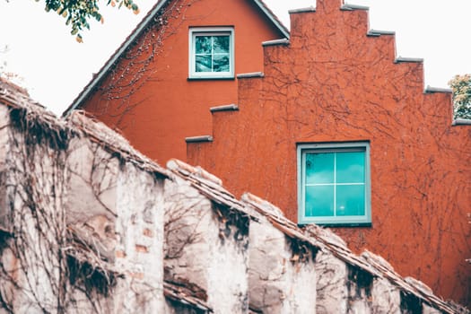 Details of old german houses on the narrow street of the old town in Meersburg, Germany