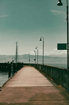 Vintage styled photo of wooden pier on Lake Constance, Germany