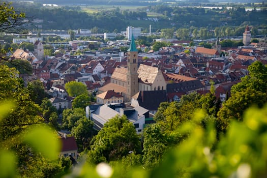 Ravensburg skyline, Baden-Wurttemberg, Germany, Europe. Aerial view of old houses of Ravensburg city in magic sunset.
