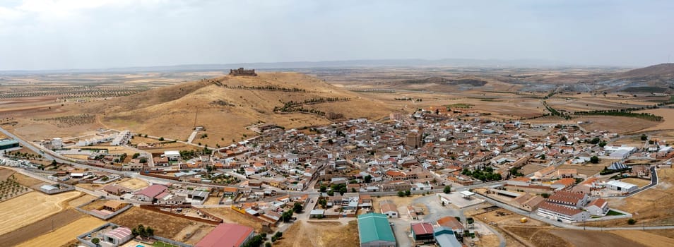 Panoramic view of Almonacid de Toledo, located in the Sisla region, Spain. Great front aerial view