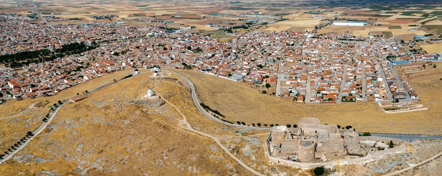 A panoramic view of the city of Consuegra in La Mancha from the top with the Muela castle, Toledo province, Spain