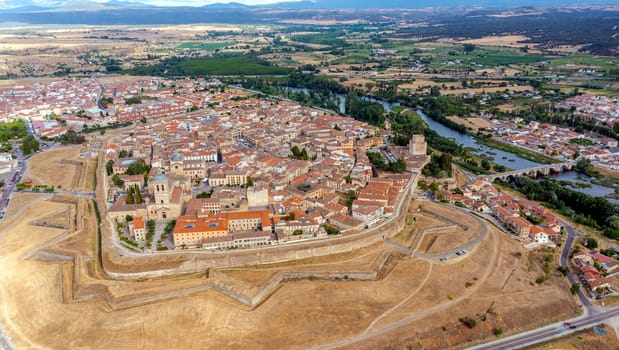 Panoramic aerial view of Ciudad Rodrigo in the province of Salamanca Spain, view of the Roman bridge over the Agueda river
