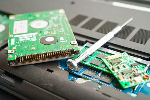 Repairing and upgrade circuit mainboard of notebook, electronic, computer hardware and technology concept.
