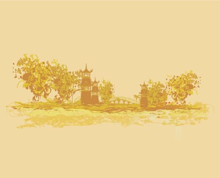 old paper with Asian Landscape