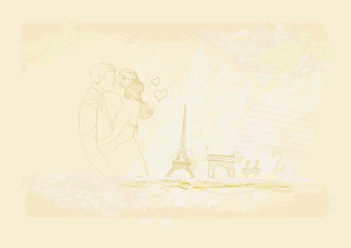 Romantic wedding couple in Paris kissing near the Eiffel Tower Retro card