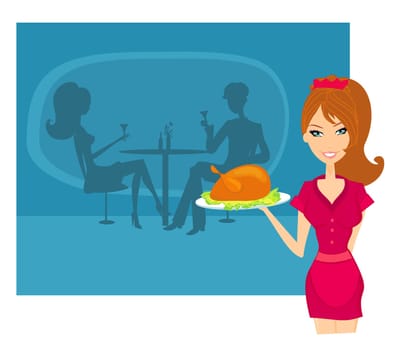 Beautiful Waitress serving a chicken