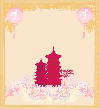 old paper with Asian Landscape and Chinese Lanterns - vintage japanese style background