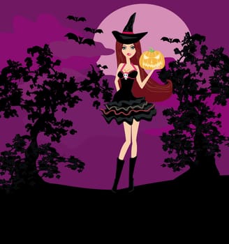 Halloween witch standing with pumpkin