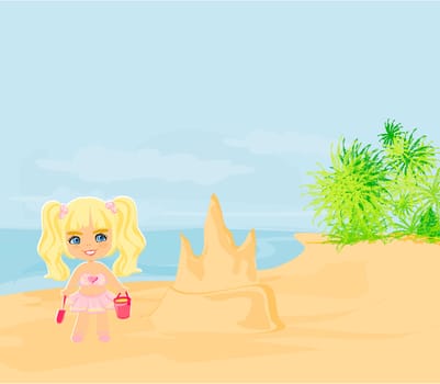 Illustration little girl building a sand castle at the beach