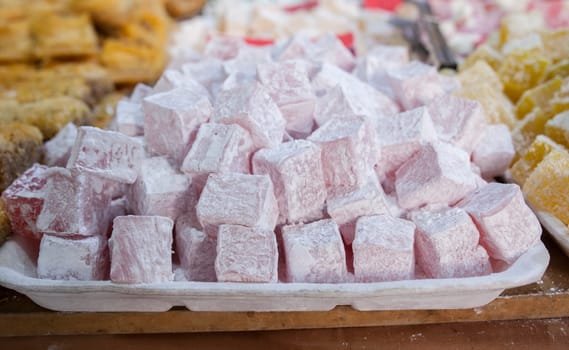 Traditional rose flavoured turkish delights. Items displayed at street market stall