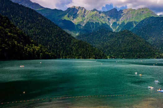 Lake Ritsa in mountains in Abkhazia.