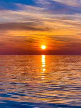 Summer sea design template. Beautiful sunset on tropical beach  and sunlight on horizon