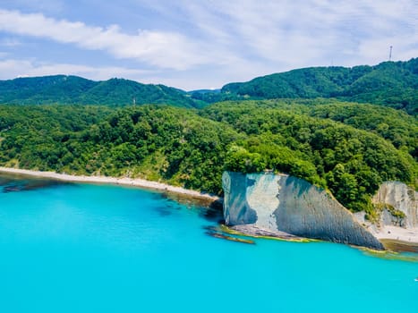 Beautiful view on Black Sea coast. The Kiselev Rock, Tuapse Russia. Drone view of rocks, nature, sea and water