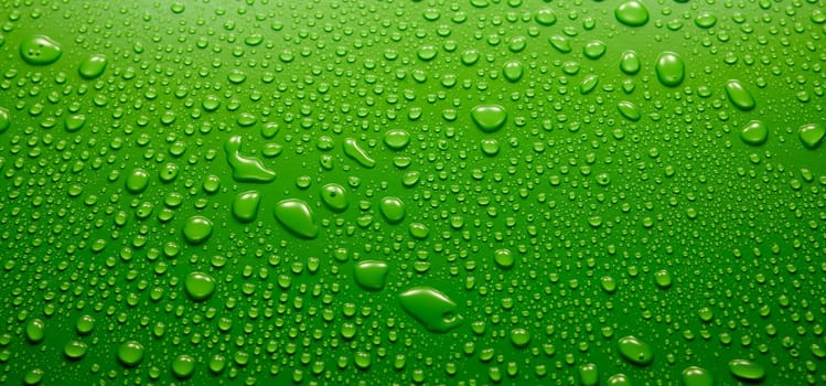 Panoramic view of wet abstract green background covered with small round drops of water with different shapes in light room