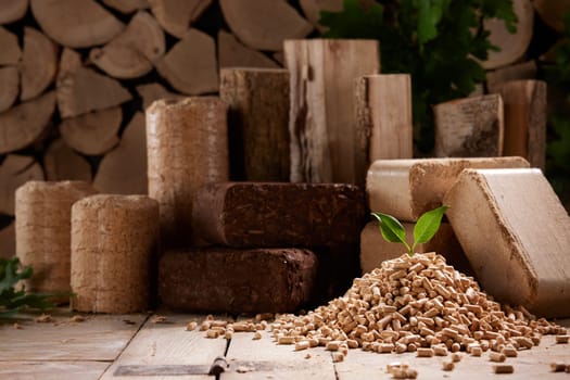 Green leaf on pile of wood pellets against stack of biomass briquettes and firewood in sunlight