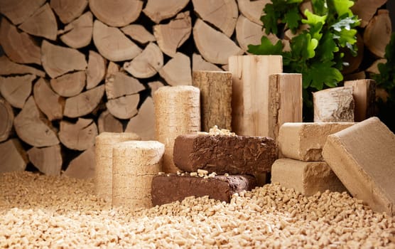 Stack of compressed biomass briquettes of various shapes with chopped firewood placed on pile of fuel pellets in daylight