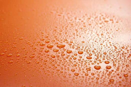 Full frame of clean orange background covered with various drops of transparent liquid with small round shapes in light room