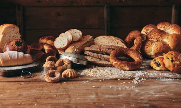 Slices of freshly baked Turkish bread with assorted sweet pastries served on messy wooden table with oatmeal in light bakery