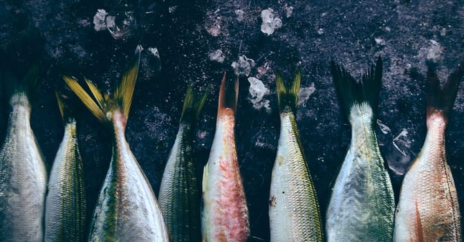 Top view of assorted uncooked fish stacked together on gray cold table with ice in light kitchen during cooking preparation