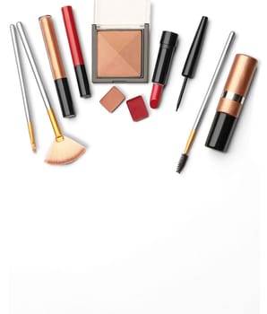 Make up products. Professional cosmetics over white background. Image with copy space. With clipping path