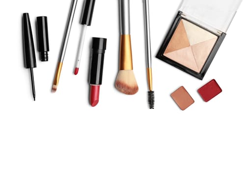 Make up products. Professional cosmetics over white background. Image with copy space.