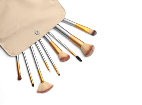Cosmetics. Make up brushes set over white background