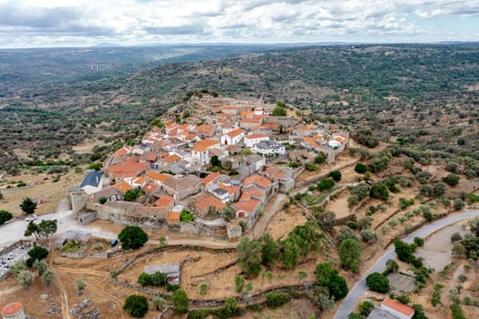 Aerial view of the historic village of Castelo Mendo in Portugal. view from the north