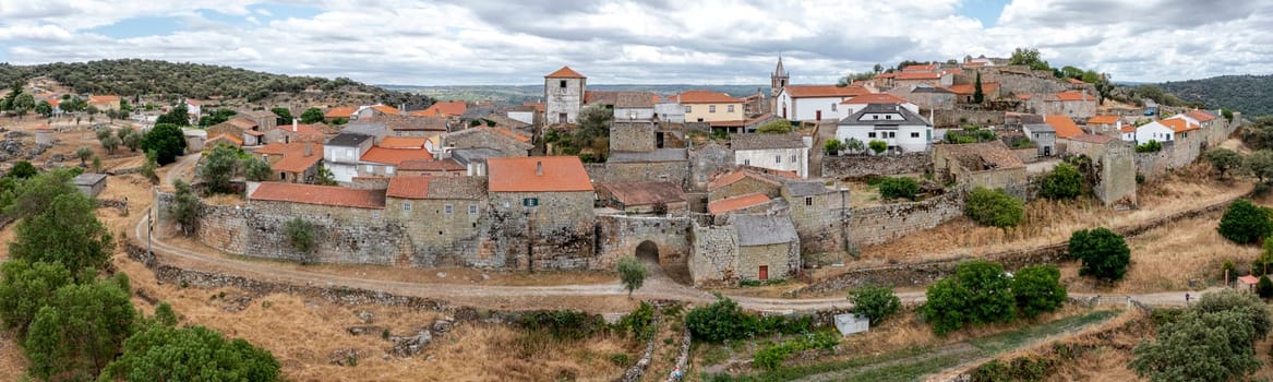 Aerial view of the historic village of Castelo Mendo in Portugal. Low Front Aerial View
