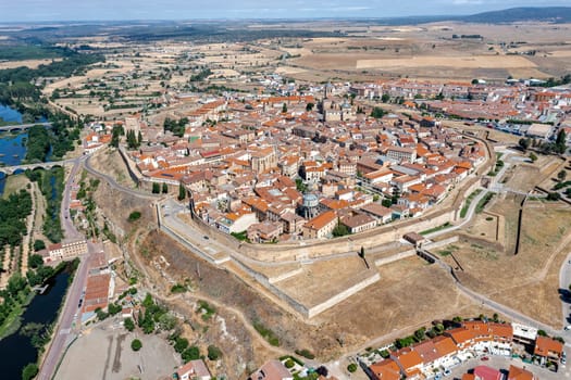 Panoramic aerial view of Ciudad Rodrigo in the province of Salamanca Spain, view of the Roman bridge over the Agueda river