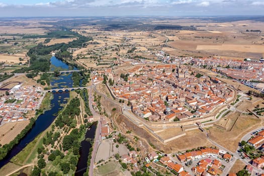 Panoramic aerial view of Ciudad Rodrigo in the province of Salamanca Spain, view of the Roman bridge over the Agueda river