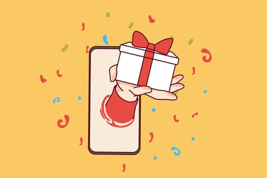 Hand stretching from cellular make surprise with bonus giftbox. Getting present from smartphone application. Concept of online marketing sales, shopping deal. Vector illustration.