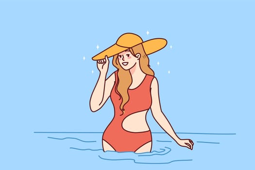 Smiling young woman in swimsuit and summer hat posing in sea on vacation. Beautiful fit girl in bikini enjoy holidays at resort. Travel concept. Vector illustration.