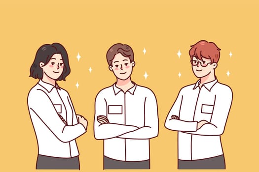 Portrait of businesspeople in uniform with badges showing confidence and professionalism. Workers in white shirts with IDs at workplace. Employment concept. Vector illustration.