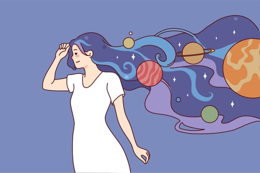 Young woman walking with space and planets in hair. Girl full with creative and imaginary thoughts and ideas. Imagination and creativity concept. Vector illustration.