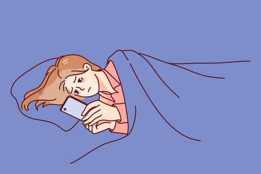 Sad young woman lying in bed using smartphone late at night. Tired female relax browsing internet or texting on cellphone. Gadget addiction. Vector illustration.